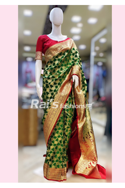 Green And Red Contrast Color Border With Heavy Banarasi Design Katan Silk Banarasi Handloom Saree (NDR5)